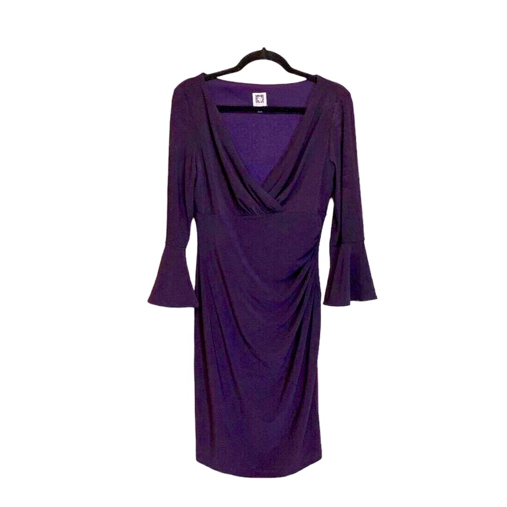 Anne Klein Purple Knee Length Ruched Wrap Long Sleeve Women's Dress Size 8